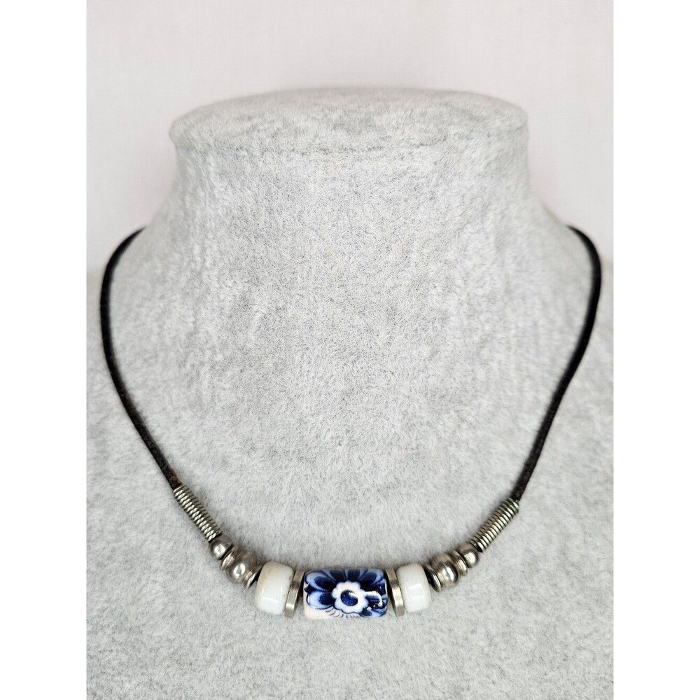 Vintage Blue White Porcelain Ceramic Bead Leather Cord Necklace Chinoiserie Boho
